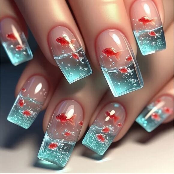 24pcs Square Press On Nails Goldfish Aquarium Theme - Picture 5 of 5